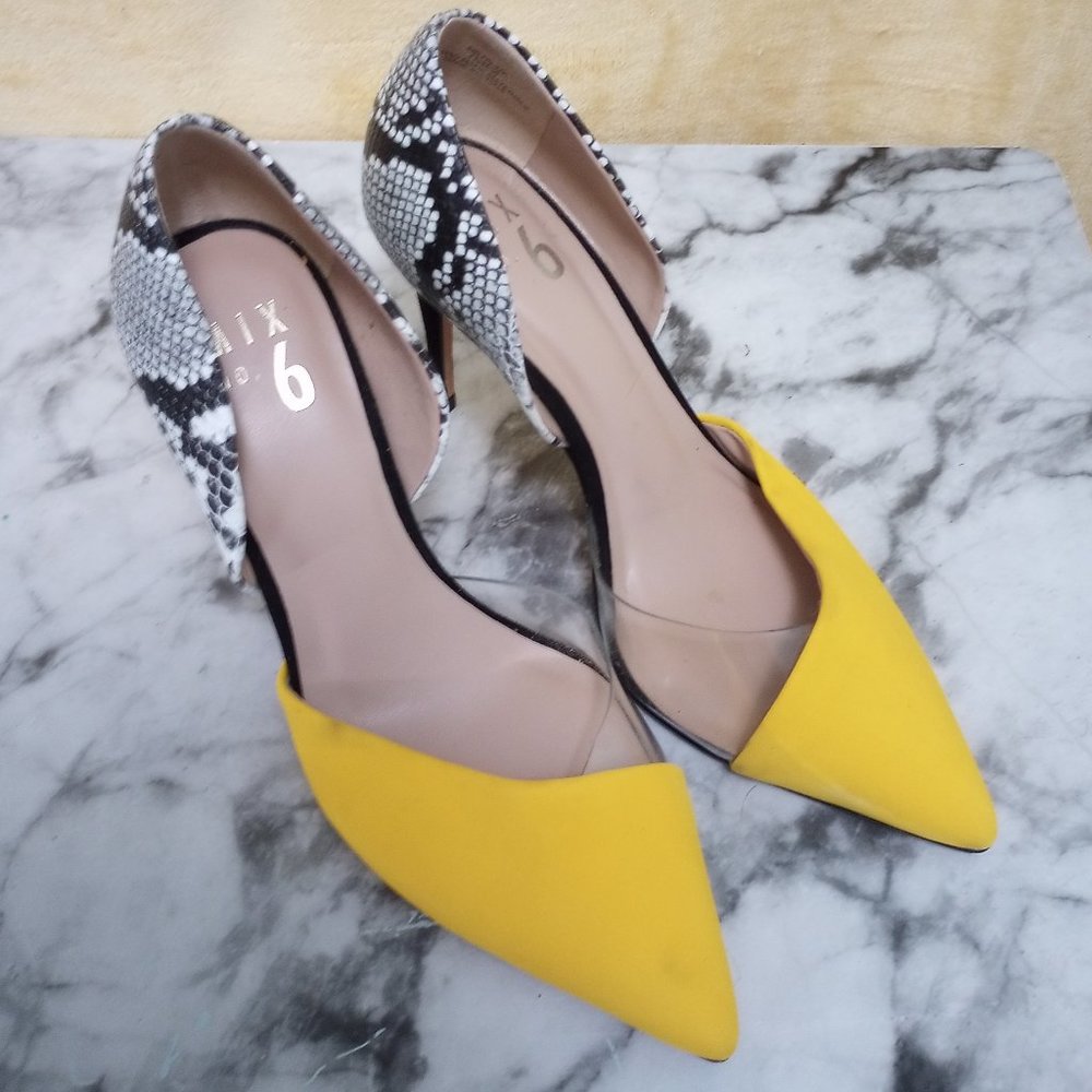 Mix No. 6 Heels w. Pointy Toe - Yellow, Snake Skin & Clear - Size 7.5